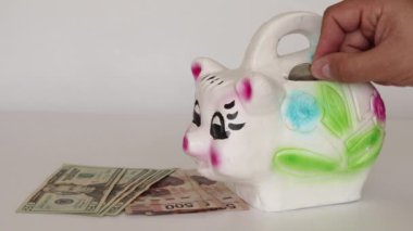 Meksika Piggy Bank 'ta Meksika ve Amerika para biriminin yanında Amerikan dolarından tasarruf ediyoruz.