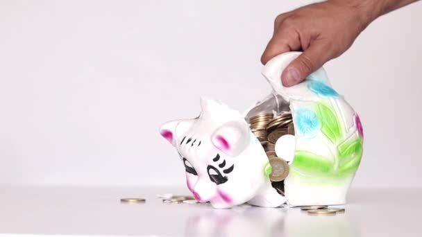 Togliendo Dalle Monete Una Banca Piggy Rotta — Video Stock