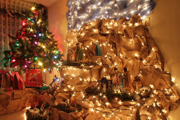 Traditional christmas tree and Jesus birth representation