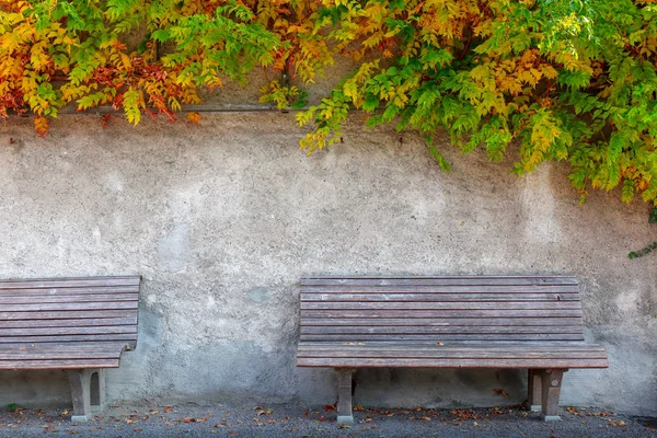 Bank aus Holz neben der weißen Zementwand — Stockfoto