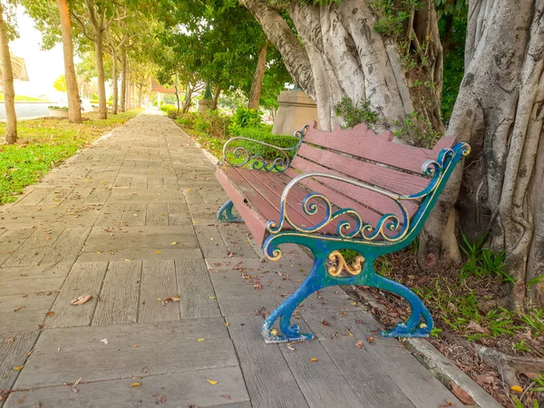 Bench made of weathered wood in warm sunlight — Stock Photo, Image