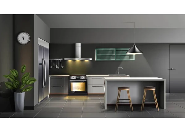 Vector Moderne Realistische Kücheneinrichtung Mit Utensilien Backofen Mit Licht Schränken — Stockvektor