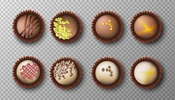 矢量巧克力糖果收集在黑暗和白色与不同的顶部 顶部视图 孤立图标说明 — 图库矢量图片