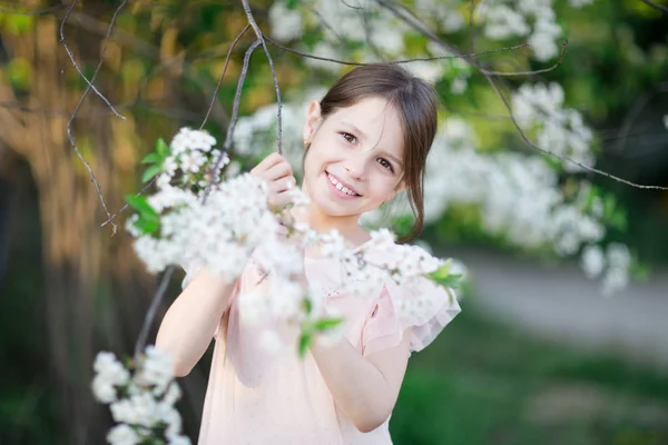 Sevimli küçük kız çiçek açan elma ağacı bahçede — Stok fotoğraf