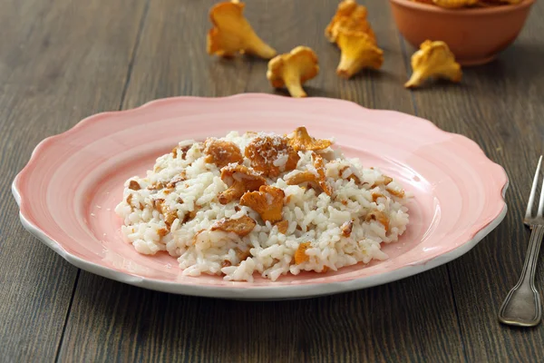 Рис с грибами в керамической тарелке — стоковое фото