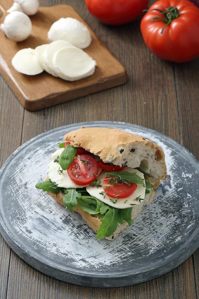 Sándwich Mozzarella con tomate y cohete — Foto de Stock