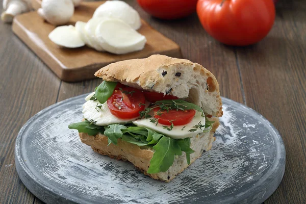 Sándwich Mozzarella con tomate y cohete — Foto de Stock