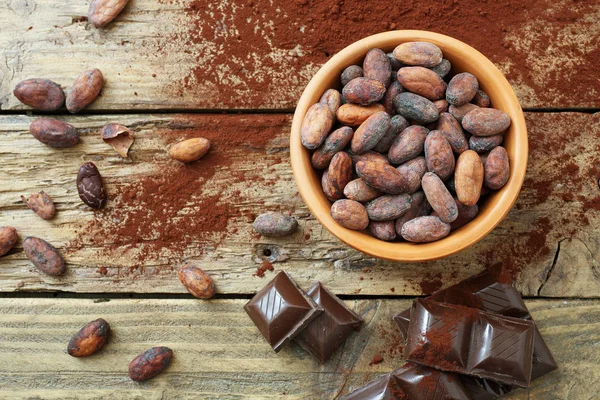 Cocoa beans, powder and chocolate — Stock Photo, Image