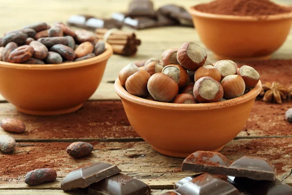 Kakaobohnen, Pulver, Haselnüsse und Schokolade — Stockfoto