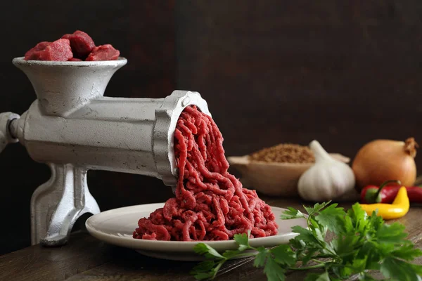 Minced meat with metal machine — Stock Photo, Image