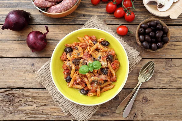 Italian Pasta Maccaroni Sasages Olive Mushroom — Stock Photo, Image