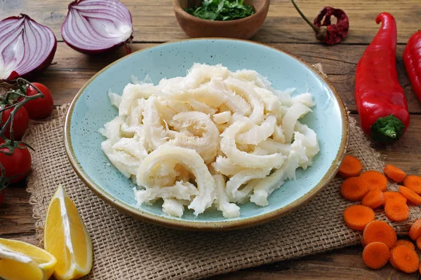 Raw Tripe Slices Rustic Kitchen Table Background — Stock Photo, Image