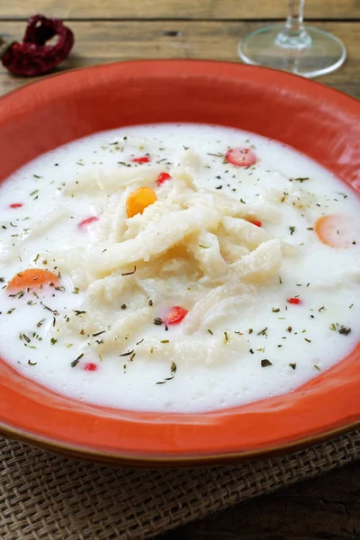 Traditional tripe soup or ciorba in ceramic dish on kitchen table background — Stock Image Traditional Tripe Soup Ciorba Ceramic Dish Kitchen Table Background Stock Picture