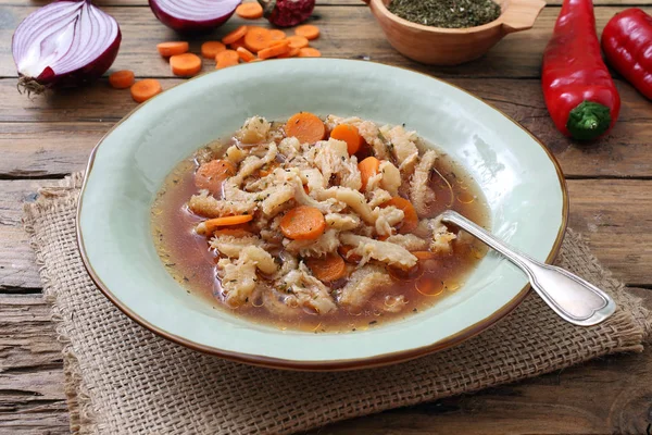 Traditional tripe soup in ceramic dish on kitchen table background — Stock Image Traditional Tripe Soup Ceramic Dish Kitchen Table Background Stock Picture