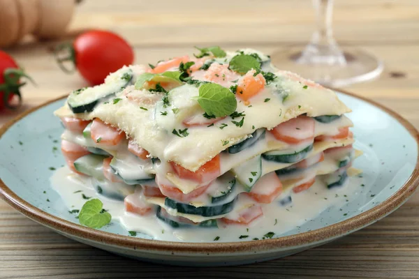 Closeup View Vegetarian Lasagna Sliced Carrots Zucchini Parmesan Sauce — Stock Photo, Image