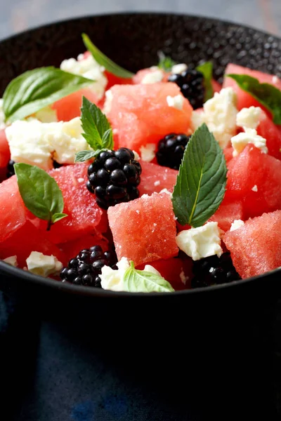 Healthy Food Watermelon Blackberry Mint Leaf Salad — Stock Photo, Image