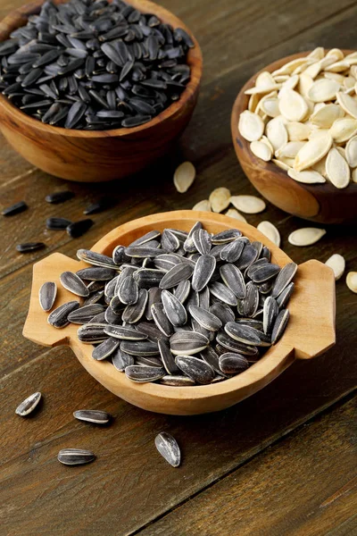 Salted Seeds Assortment Wooden Table Background — Stock Photo, Image