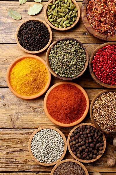 spices assortment on rustic table background