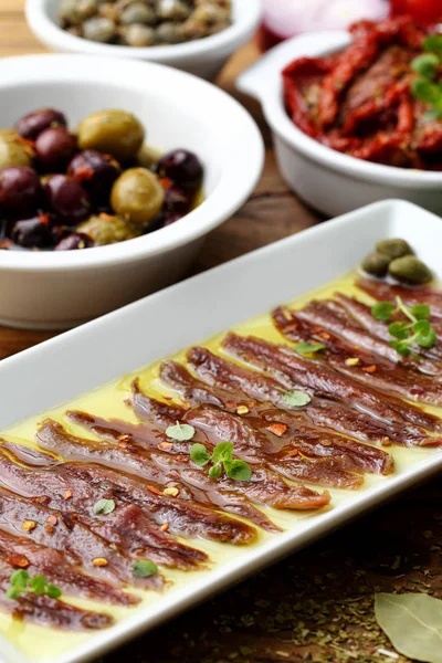 Mediterranean Food Tapas Anchovies Rustic Background — Stock Photo, Image