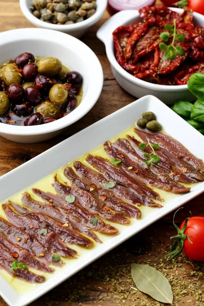 Mediterranean Food Tapas Anchovies Rustic Background — Stock Photo, Image