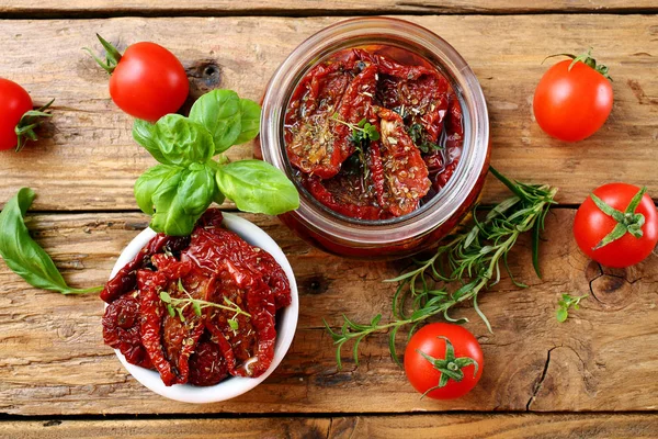 Mediterranean Food Tapas Dried Tomatoes Olives Anchovies Rustic Background — 스톡 사진