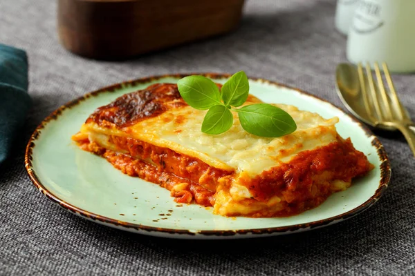Italian Lasagna Bolognese Gray Table Background — Stock Photo, Image