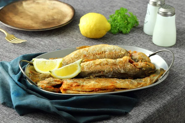 Fried fish on white ceramic plate — Stock Photo, Image