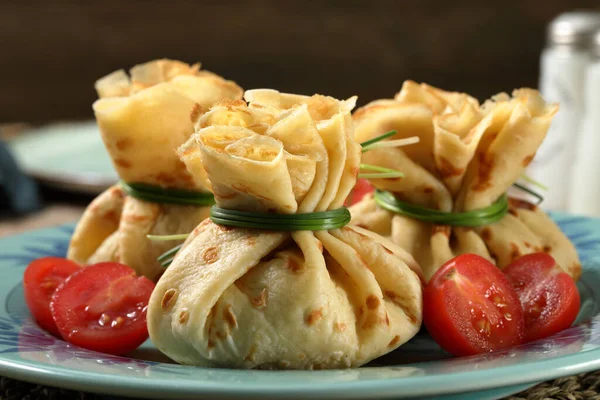 Pfannkuchen Oder Crêpes Der Küche Rustikaler Hintergrund — Stockfoto