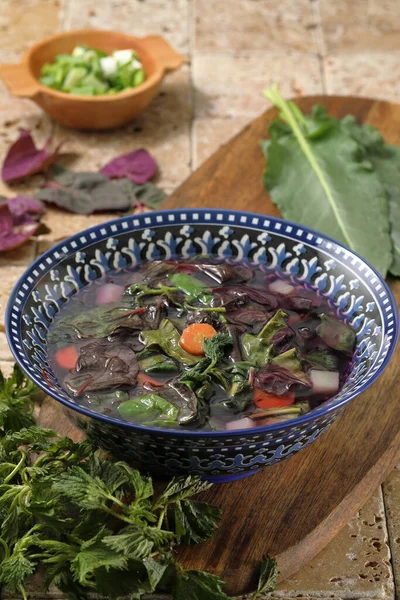 Vegetables Soup Nettle Carrots Herbs — Stock Photo, Image