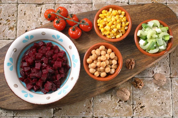 Beetroot Salad Corn Pie Tomatoes — Stock Photo, Image