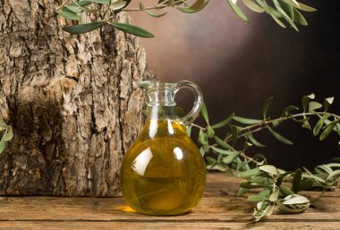 Sızma zeytinyağı cam kavanoz ve zeytin ağacı gövde backgr yapraklarda
