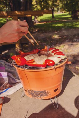 Seçim içinde kömürün üstünde taşınabilir barbekü ızgara et