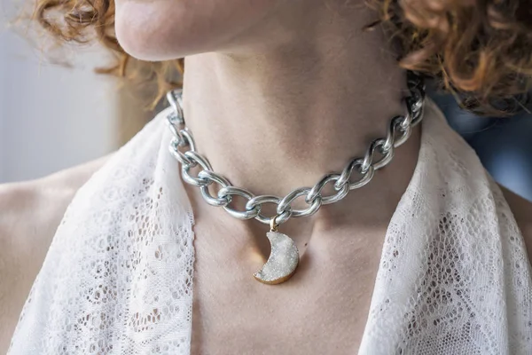 Female necklace with moon shaped pendant — Stock Photo, Image