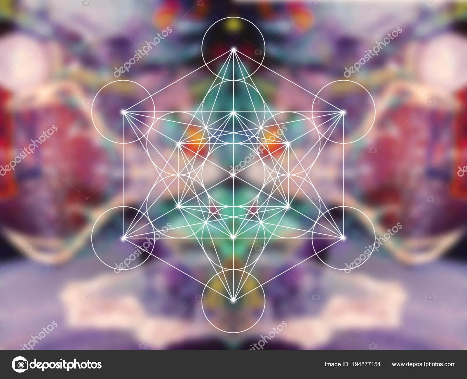 Metatron Cube Sacred Geometry Colorful Blury Background Stock Photo by