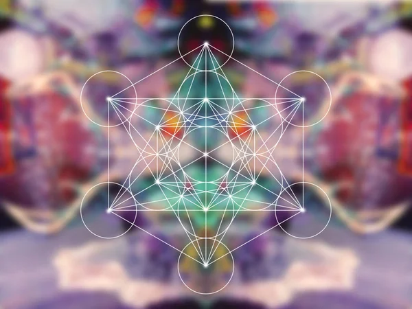 Metatron Würfel Heilige Geometrie Auf Bunt Verschwommenem Hintergrund — Stockfoto