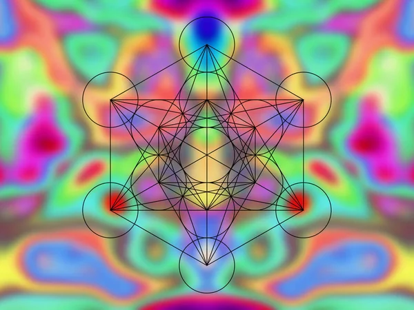 Metatron Kub Sakral Geometri Färgglada Blury Bakgrund — Stockfoto