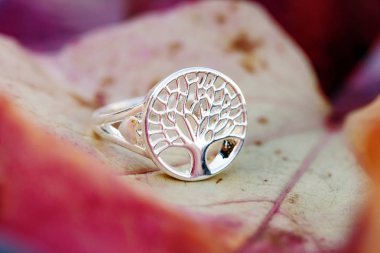 Sterling silver tree shape ring detail on natural Autumn background
