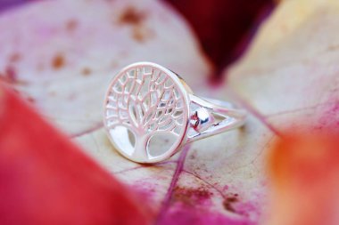 Sterling silver tree shape ring detail on natural Autumn background