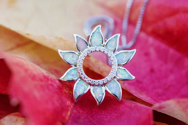 Sonbahar Arka Planında Beyaz Opal Mineral Taşı Olan Gümüş Kolye — Stok fotoğraf
