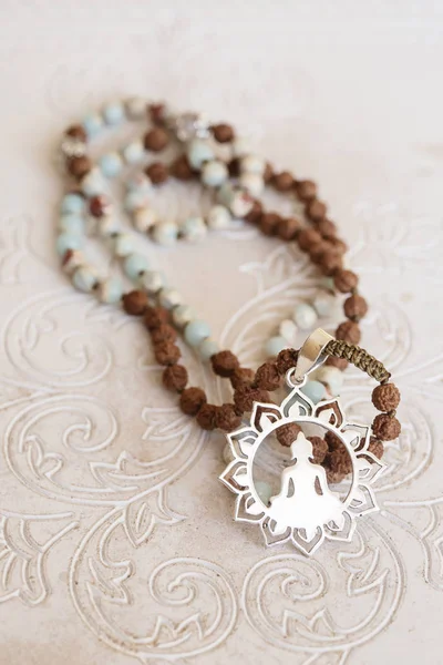 Jewelry Mala Necklace Natural Mineral Beads White Wooden Decorative Background — Stock Photo, Image