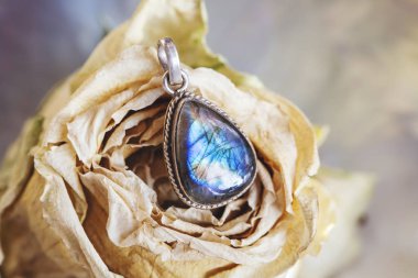 Gül arka planında saf gümüş labradorit mineral taş kolye