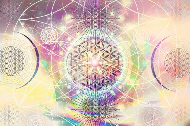 Kutsal geometri elementleriyle soyut mandala resmi 