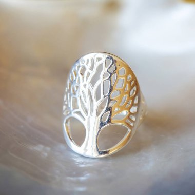 Sterling silver ring with tree in mandala shape on white shell background clipart