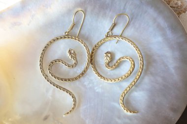 Beyaz kabuklu yılan şeklinde pirinç metal küpeler doğal arka plan