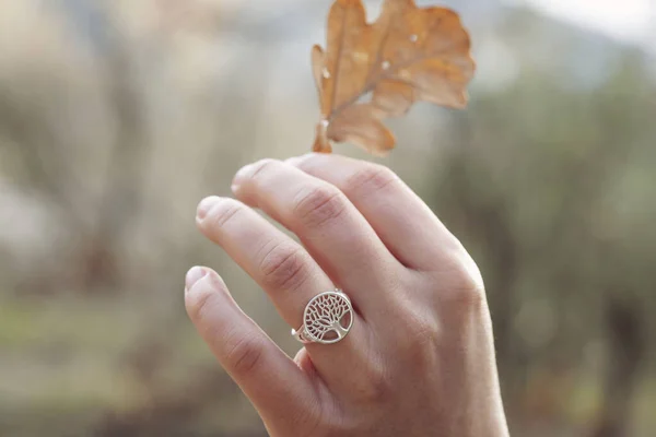 Female Hand Wearing Beautiful Silver Ring Shape Tree — Stock Photo, Image