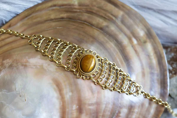 Brass Wire Bracelet Tiger Eye Mineral Stone Natural Shell Background — Stock Photo, Image
