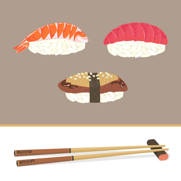 Sushi y palillos — Vector de stock