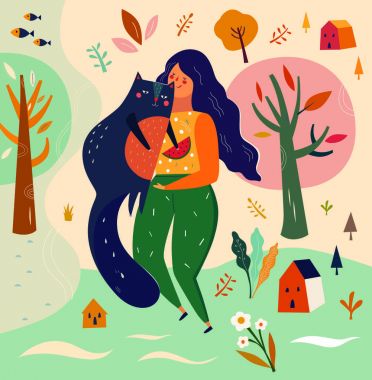 Kız ve kedi çizgi film tarzı