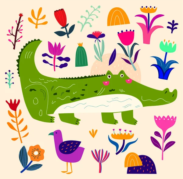 Crocodilo bonito e plantas — Vetor de Stock