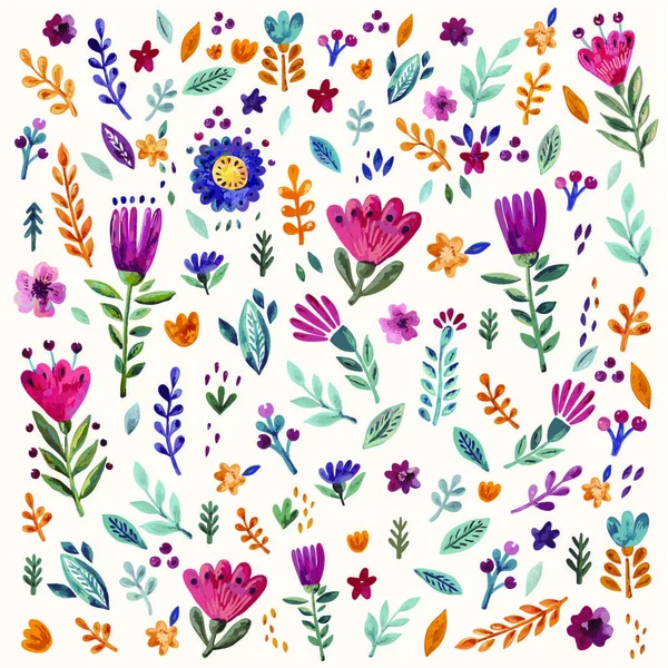 Flores y hojas dibujadas a mano — Vector de stock